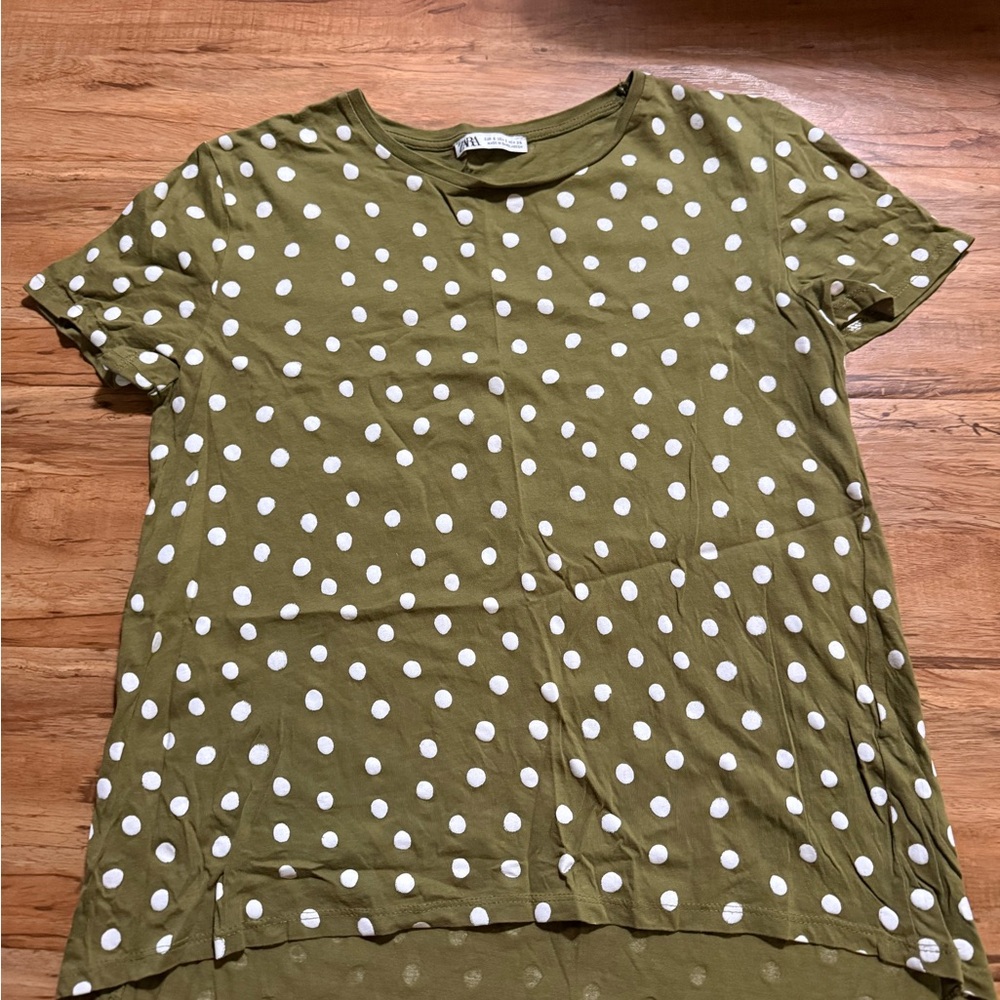 Zara Olive Green Polka Dot Short Sleeve Tee